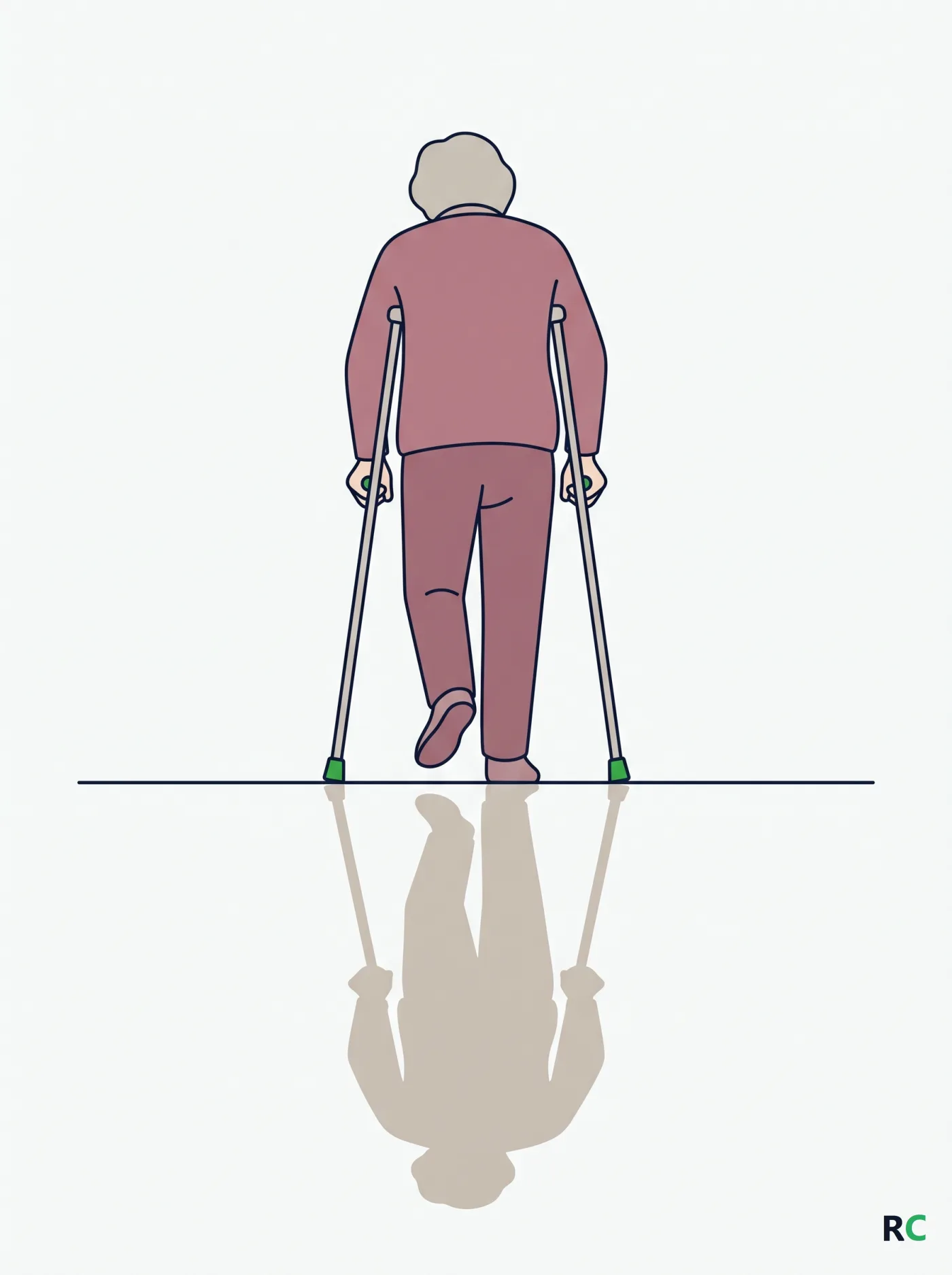 Ilustração vertical de idoso caminhando com duas muletas axilares