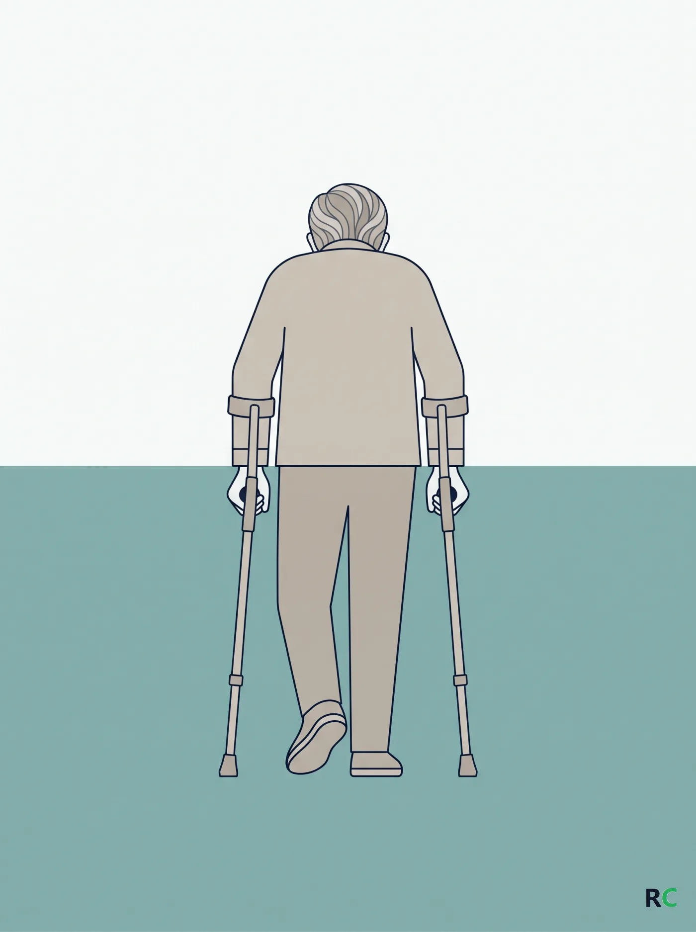 Ilustração vertical de idoso caminhando com duas muletas canadenses