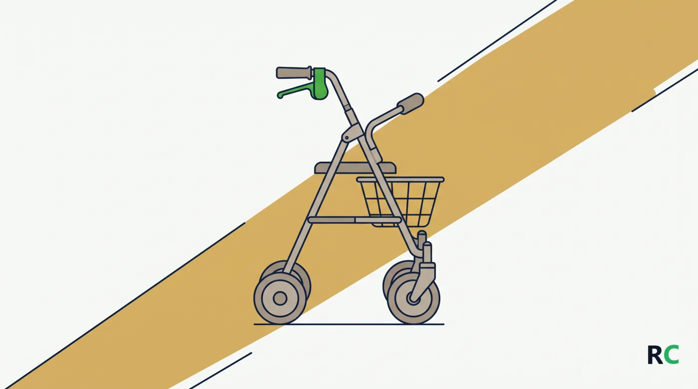 Ilustração de rollator visto de frente, com assento e freios em destaque
