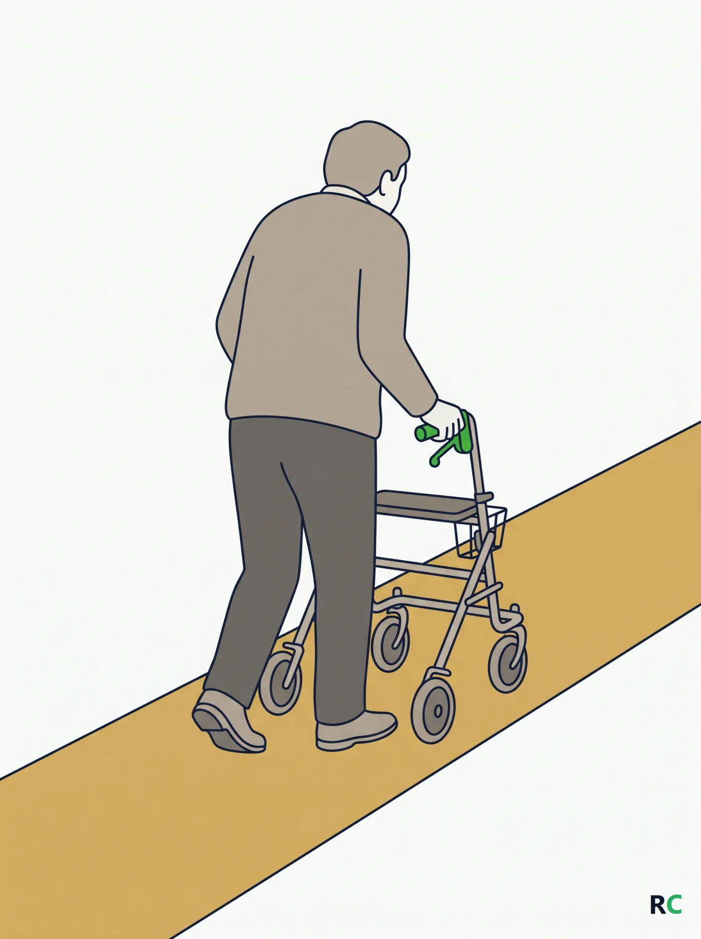 Ilustração vertical de idoso caminhando com rollator