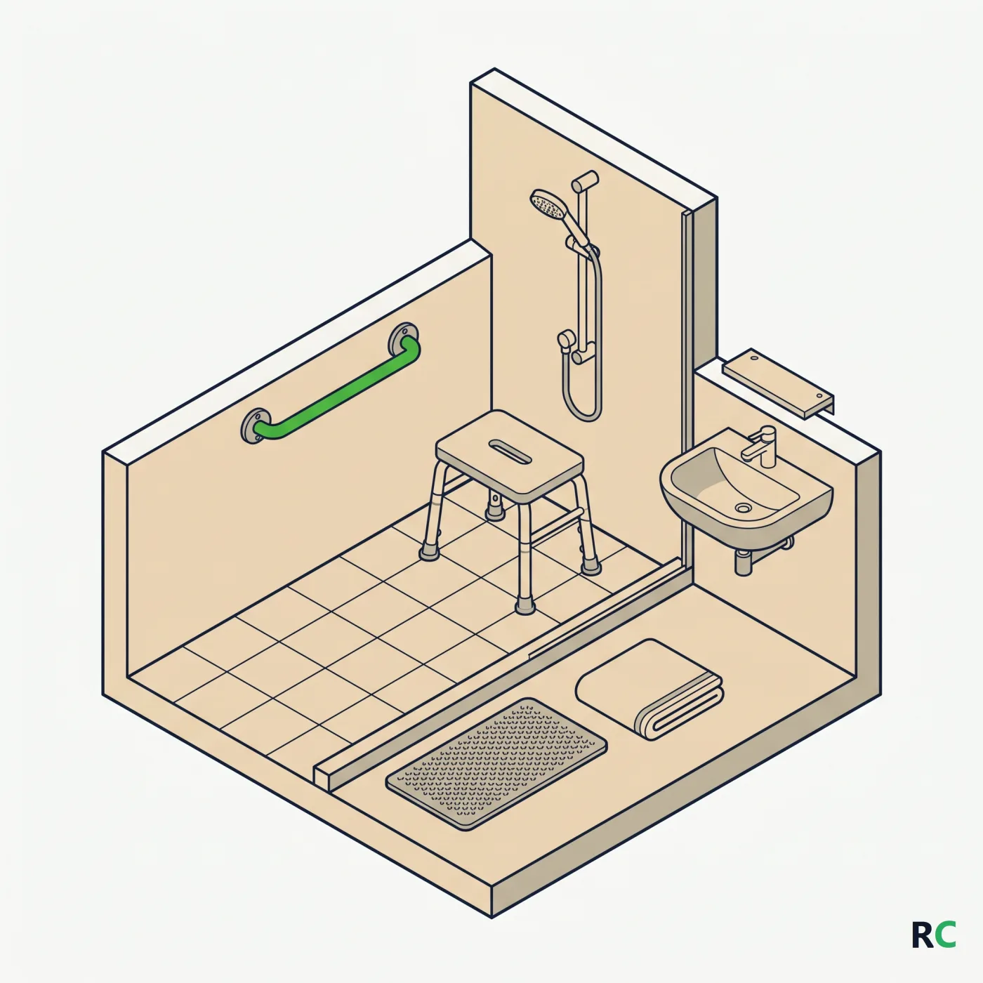 Ilustração isométrica de um banheiro simples com barra de apoio e banco