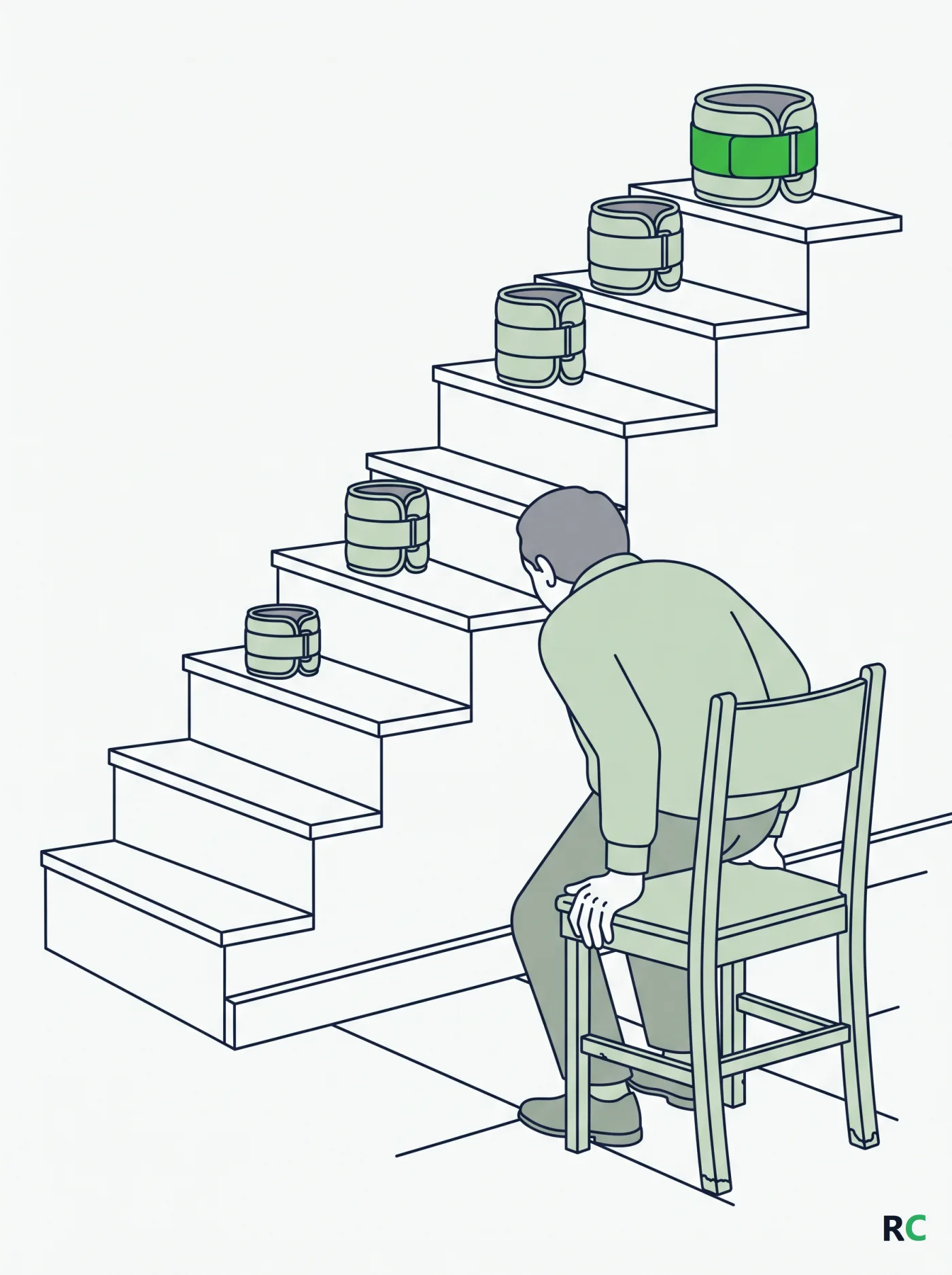 Ilustração vertical de idoso de costas sentando e levantando de uma cadeira