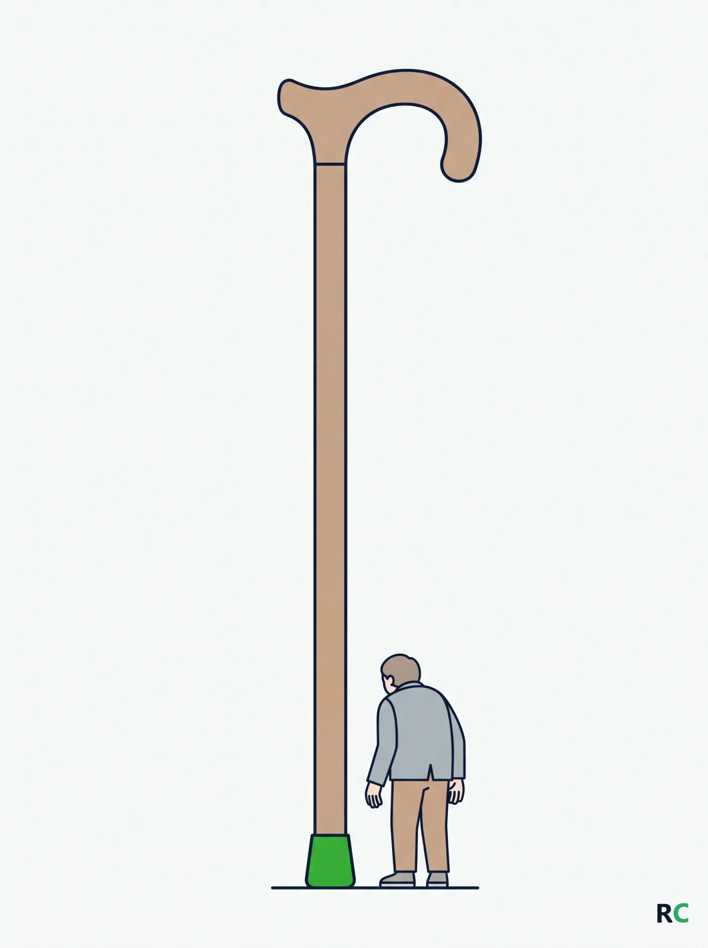 Ilustração vertical de uma bengala grande com um idoso pequeno ao lado da base