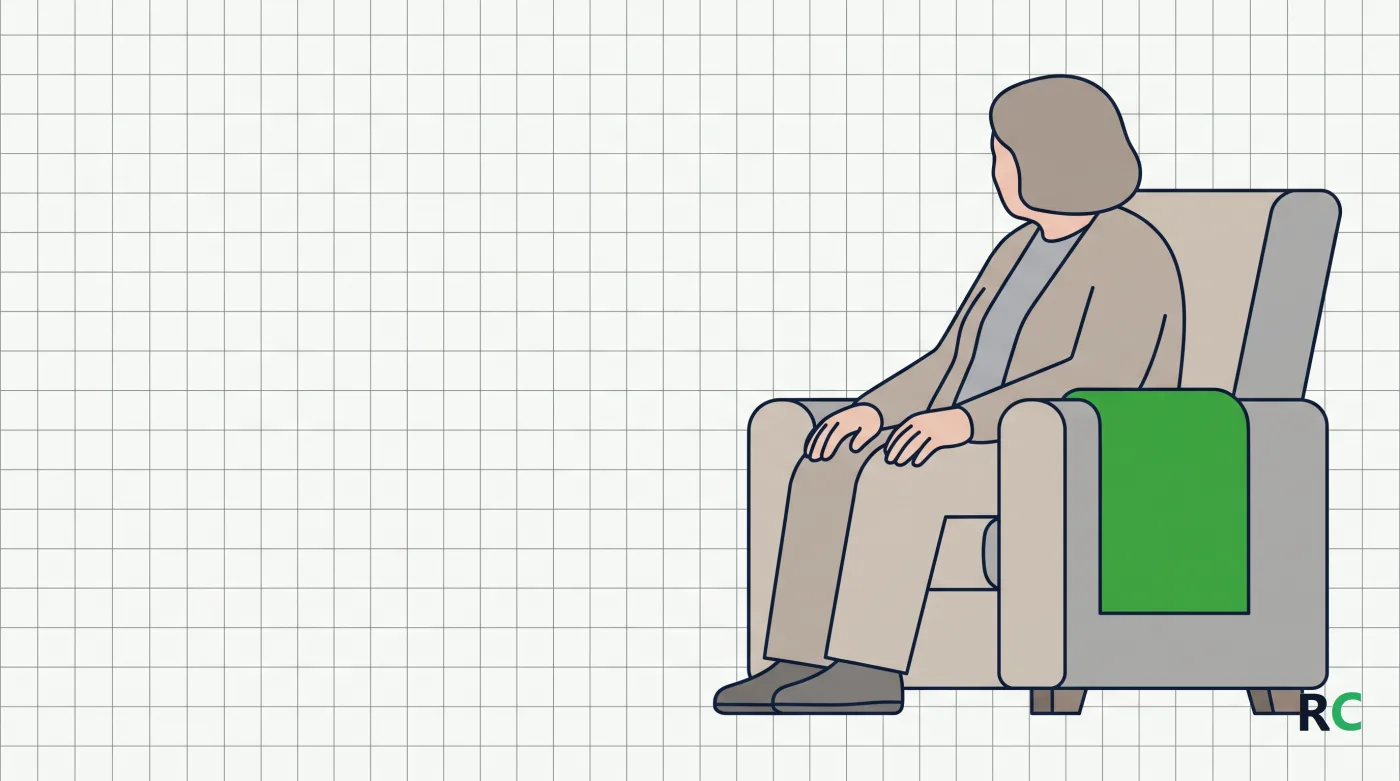 Ilustração de idoso sentado em poltrona sobre fundo quadriculado