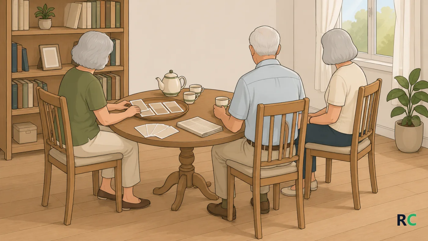 Ilustração de três idosos sentados de costas ao redor de mesa redonda com fotografias, jornal e bule de chá