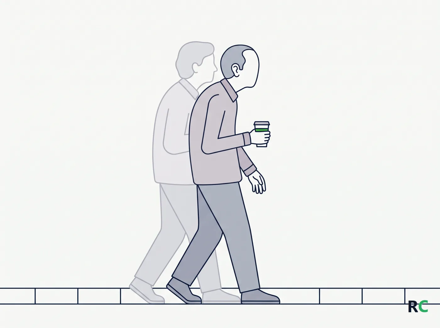 Ilustração de idoso caminhando no corredor enquanto carrega um objeto, em treino de dupla tarefa