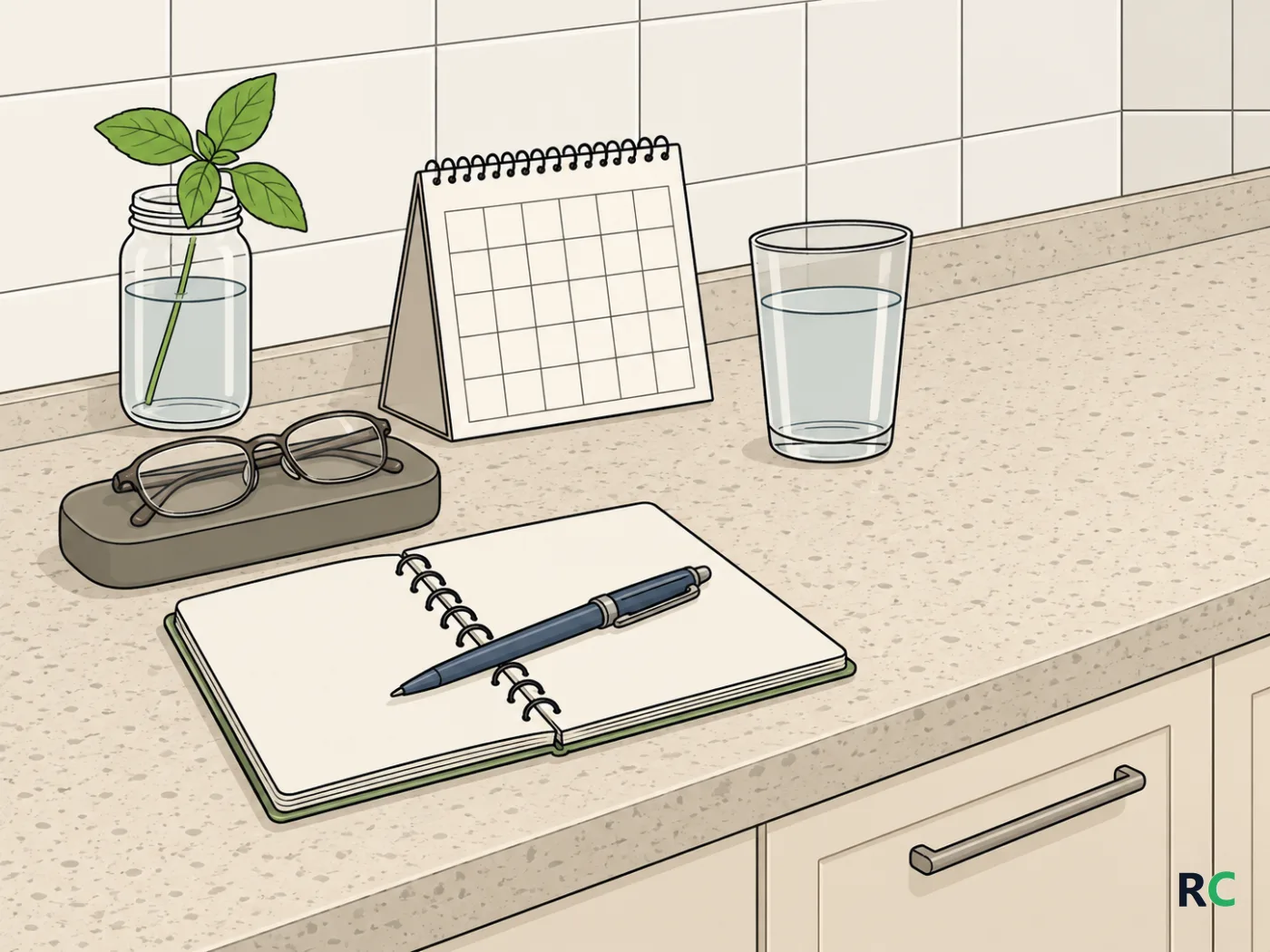 Ilustração de bancada de cozinha com caderno aberto, caneta, óculos de leitura e calendário de mesa