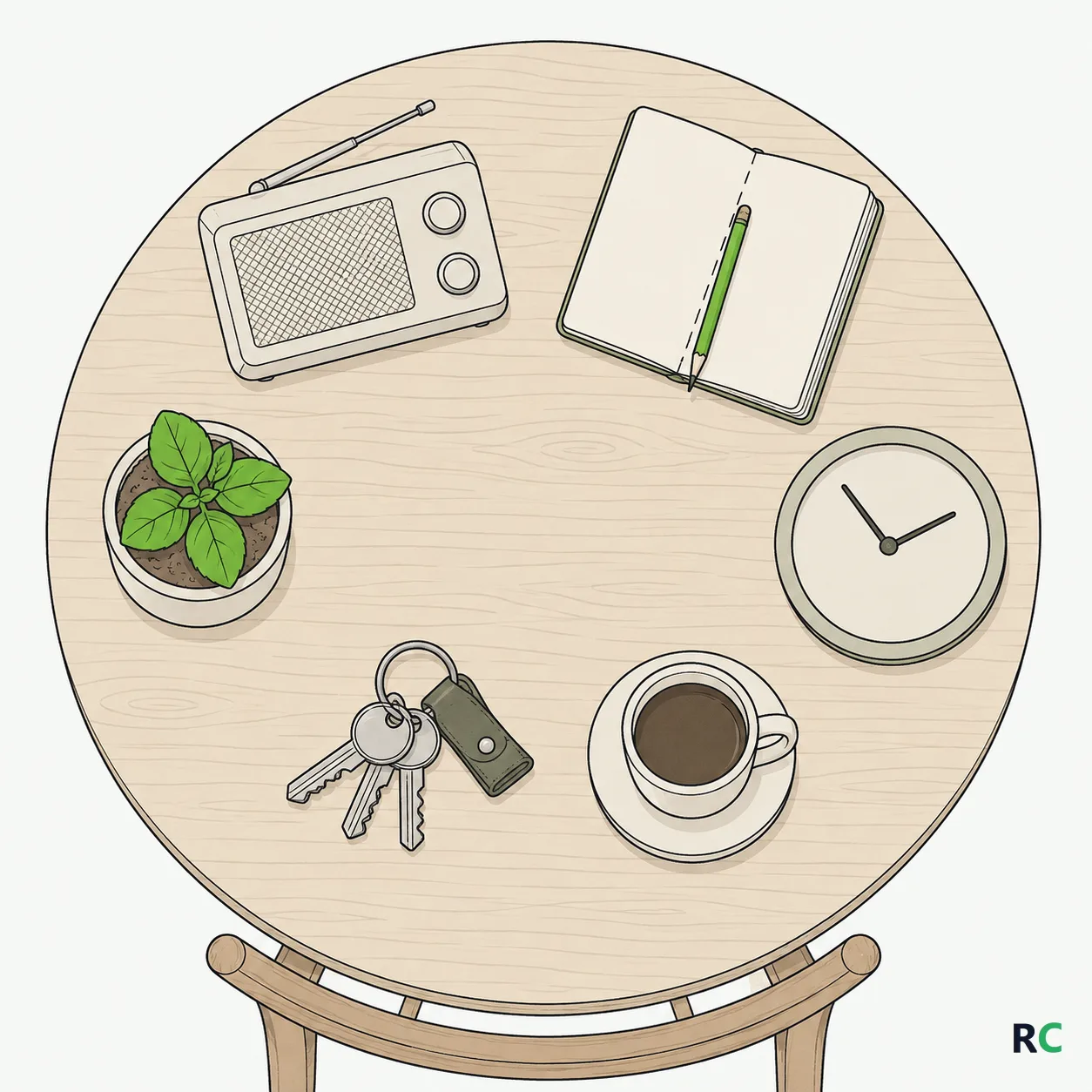 Ilustração vista de cima de uma mesa com rádio, caderno, relógio, vaso, chaves e xícara