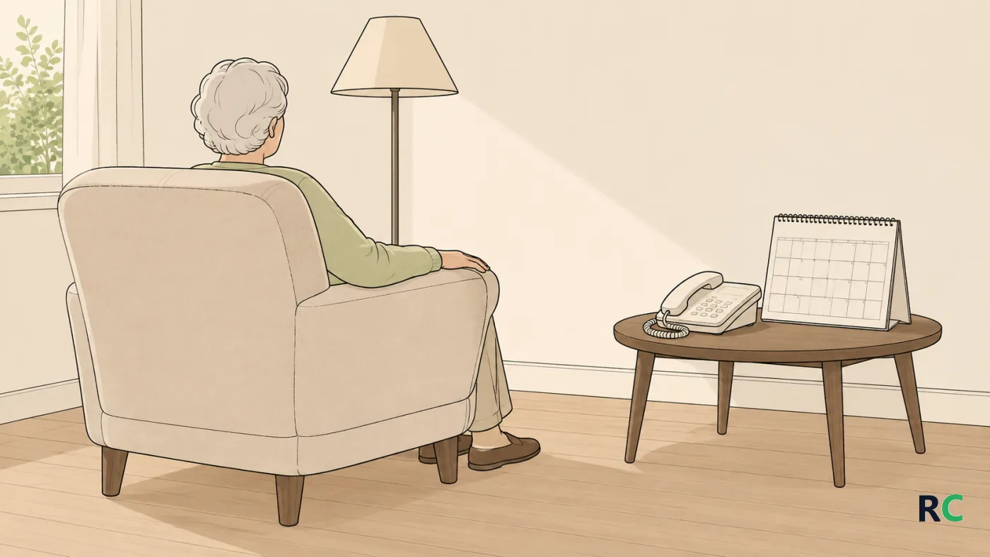 Ilustração de idosa sentada de costas em poltrona da sala, com telefone e calendário sobre a mesa ao lado