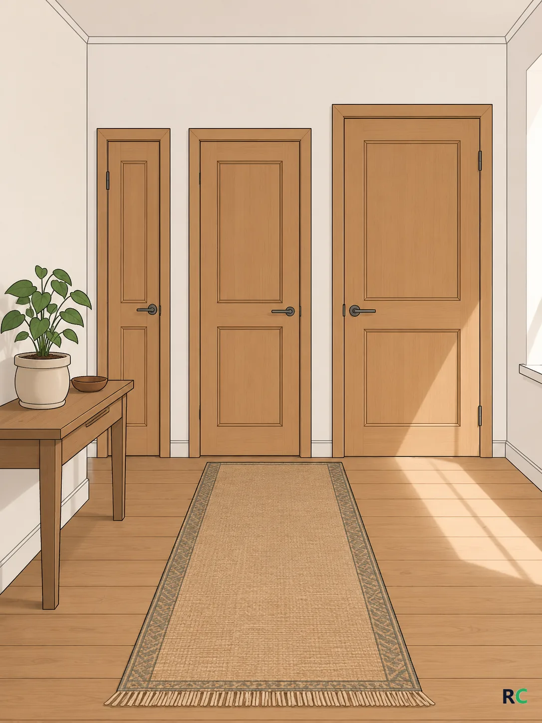 Ilustração de corredor de casa com três portas fechadas de larguras diferentes e um tapete no chão