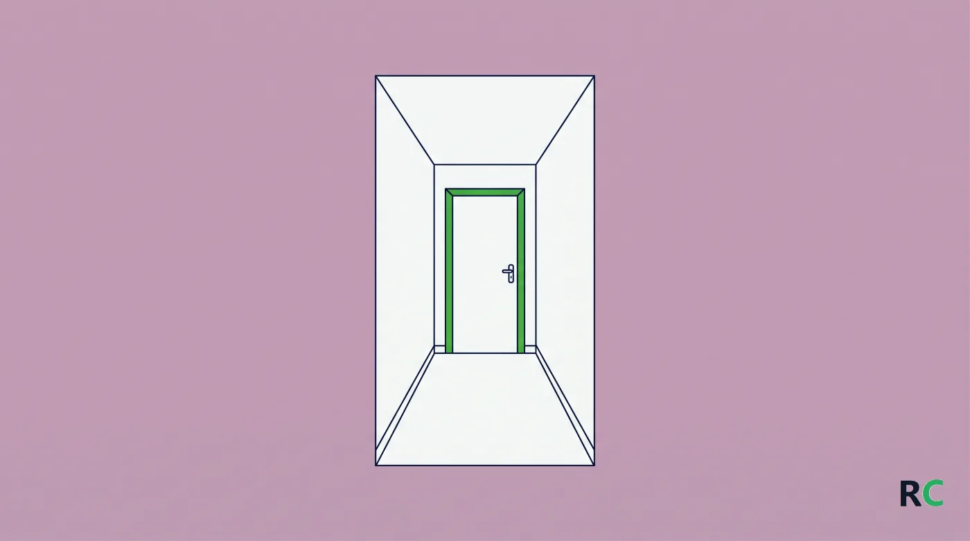 Ilustração de um corredor com porta ao fundo, recortado em branco