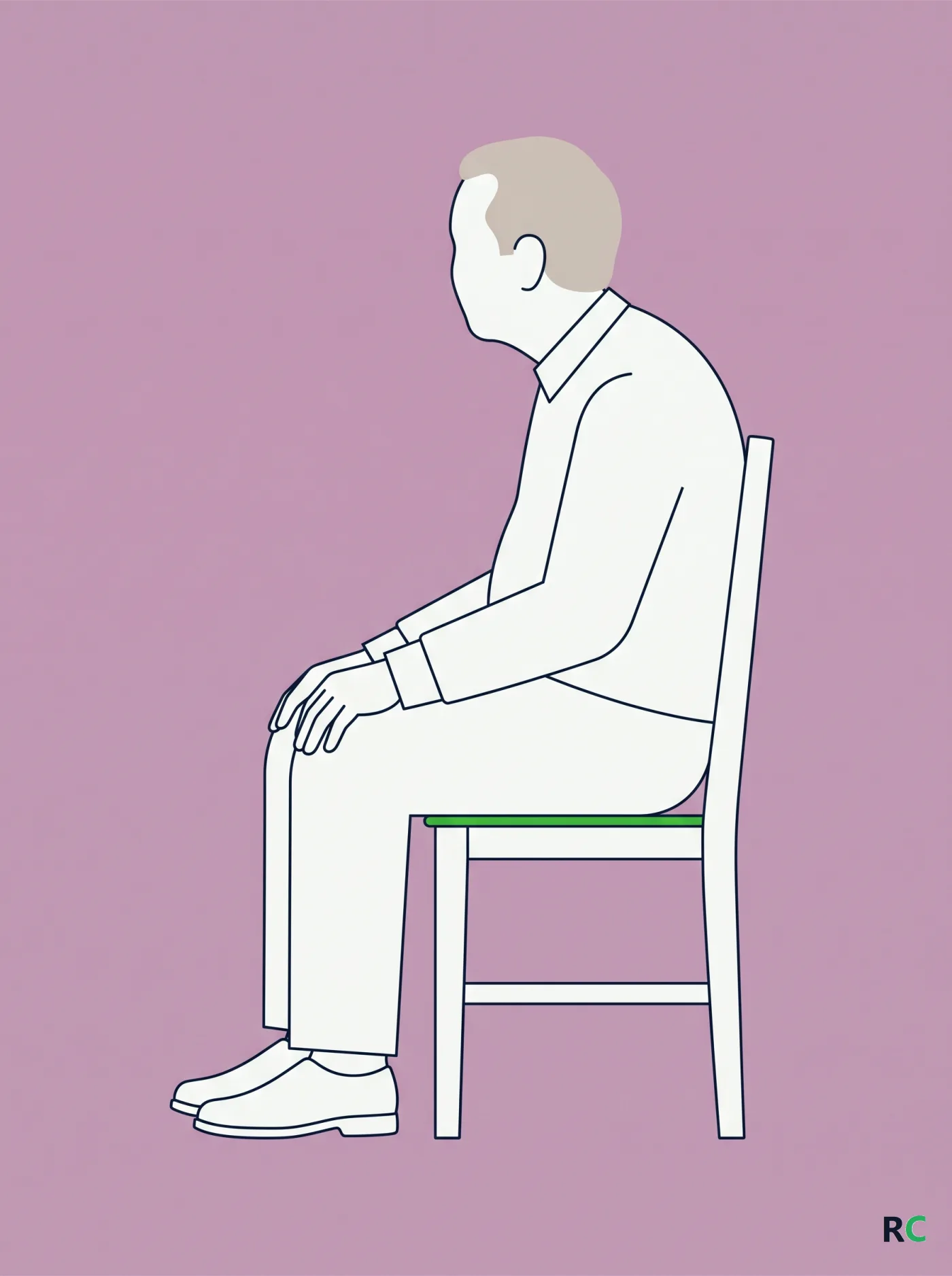 Ilustração vertical de idoso sentado ereto em uma cadeira, recortado em branco