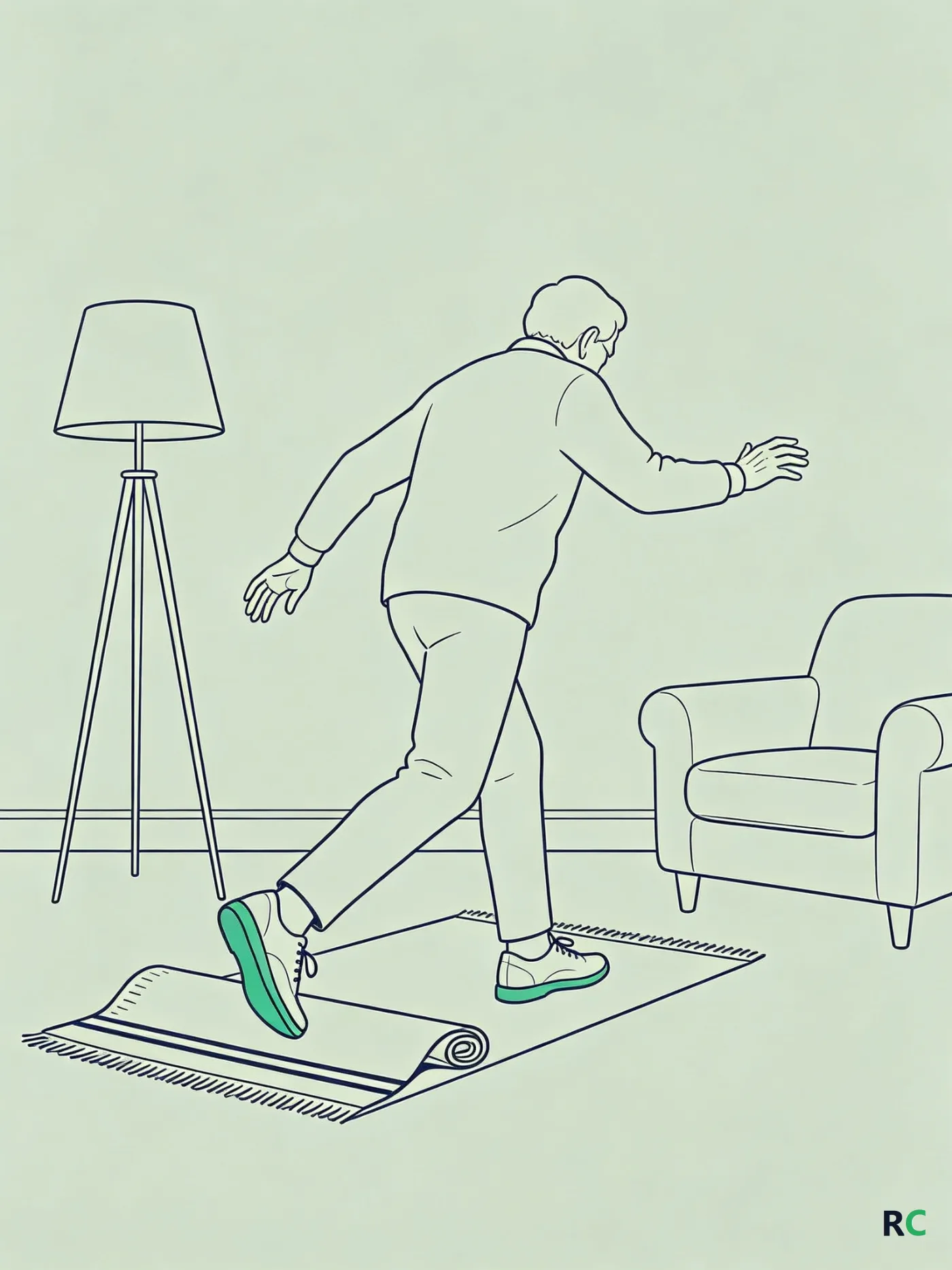 Ilustração vertical em linha contínua de idoso dando um passo largo à frente sobre um tapete enrolado para recuperar o equilíbrio