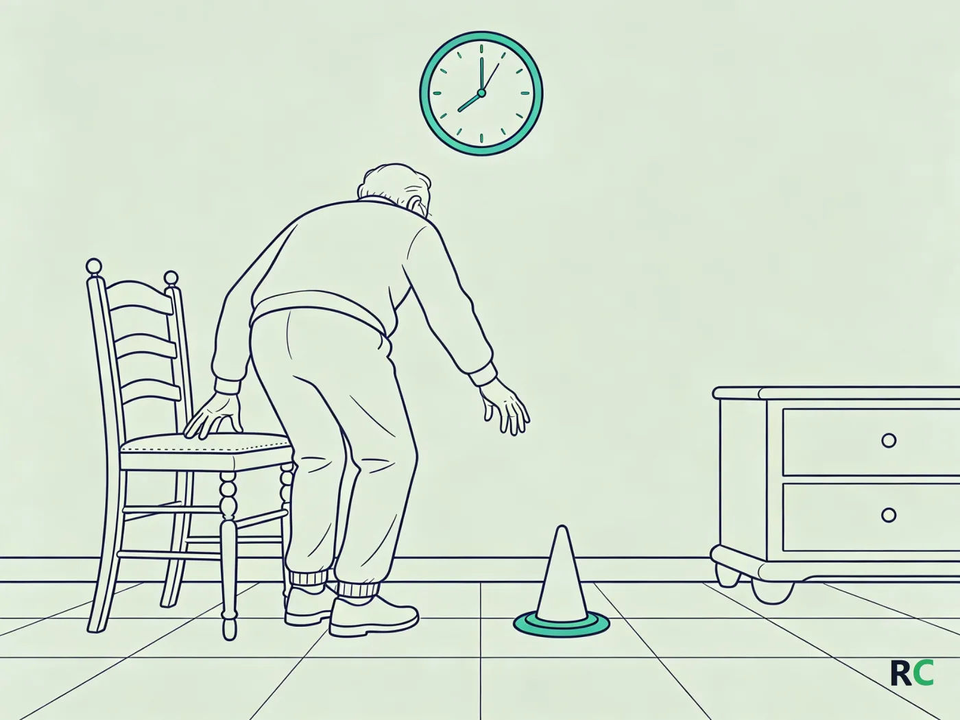 Ilustração em linha contínua de idoso levantando da cadeira, com um cone no chão à frente e um relógio na parede