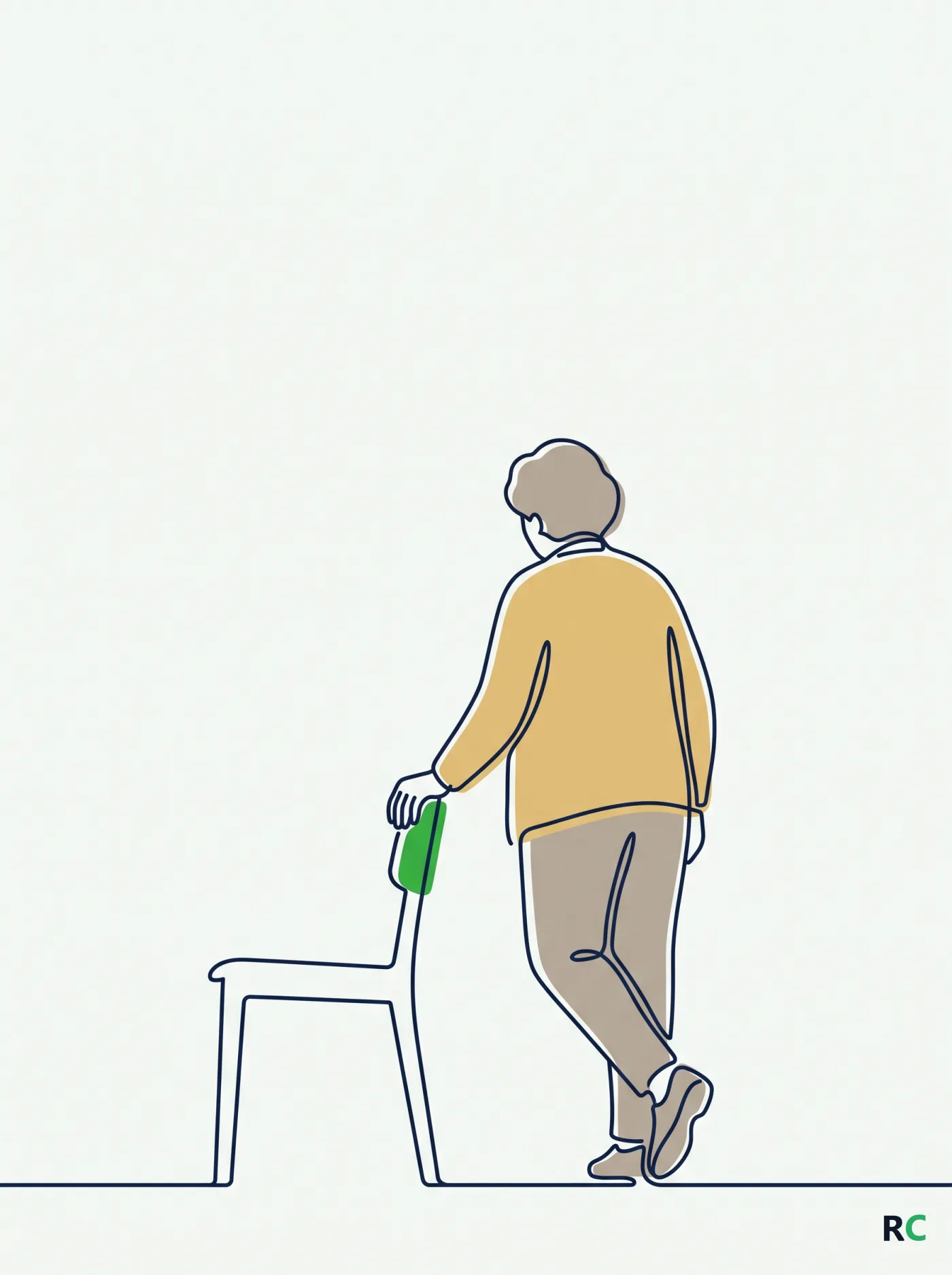 Ilustração vertical em linha contínua de idoso em apoio de um pé ao lado da cadeira