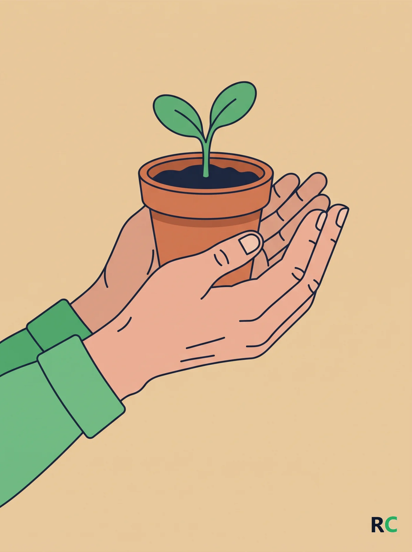 Ilustração vertical de mãos idosas segurando um vaso pequeno com um broto recém-nascido