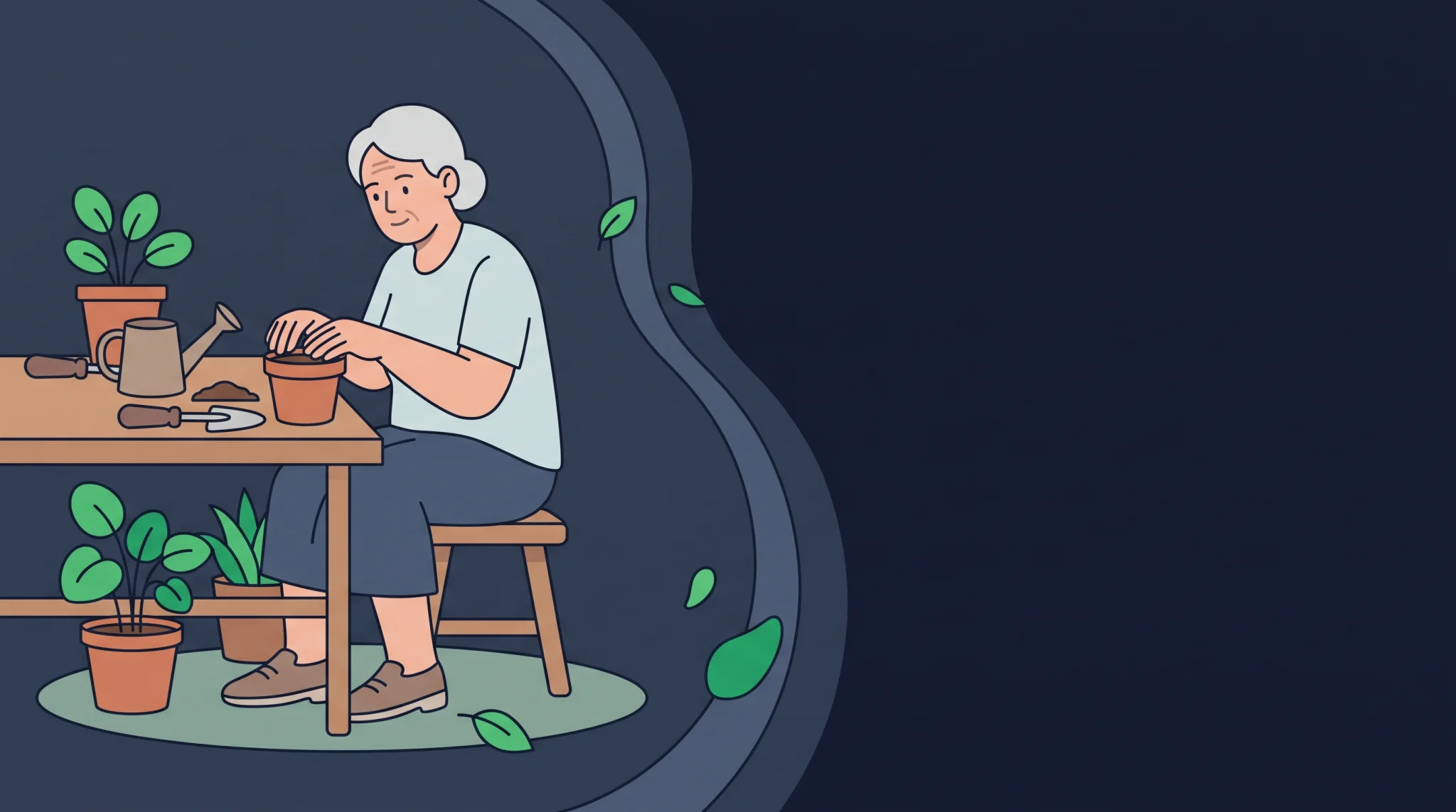 Ilustração de senhora idosa sentada em um banco, cuidando de vasos de plantas em um quintal ensolarado