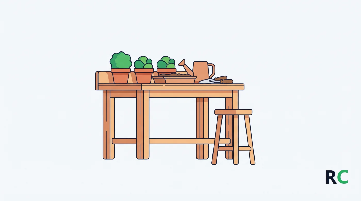Ilustração de bancada de jardinagem na altura da cintura, com vasos e ferramentas ao alcance de quem está sentado