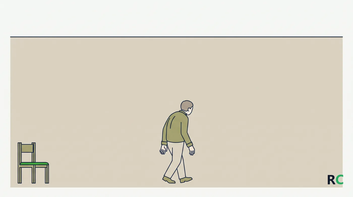 Ilustração de idoso caminhando ao longe sobre um piso amplo e vazio
