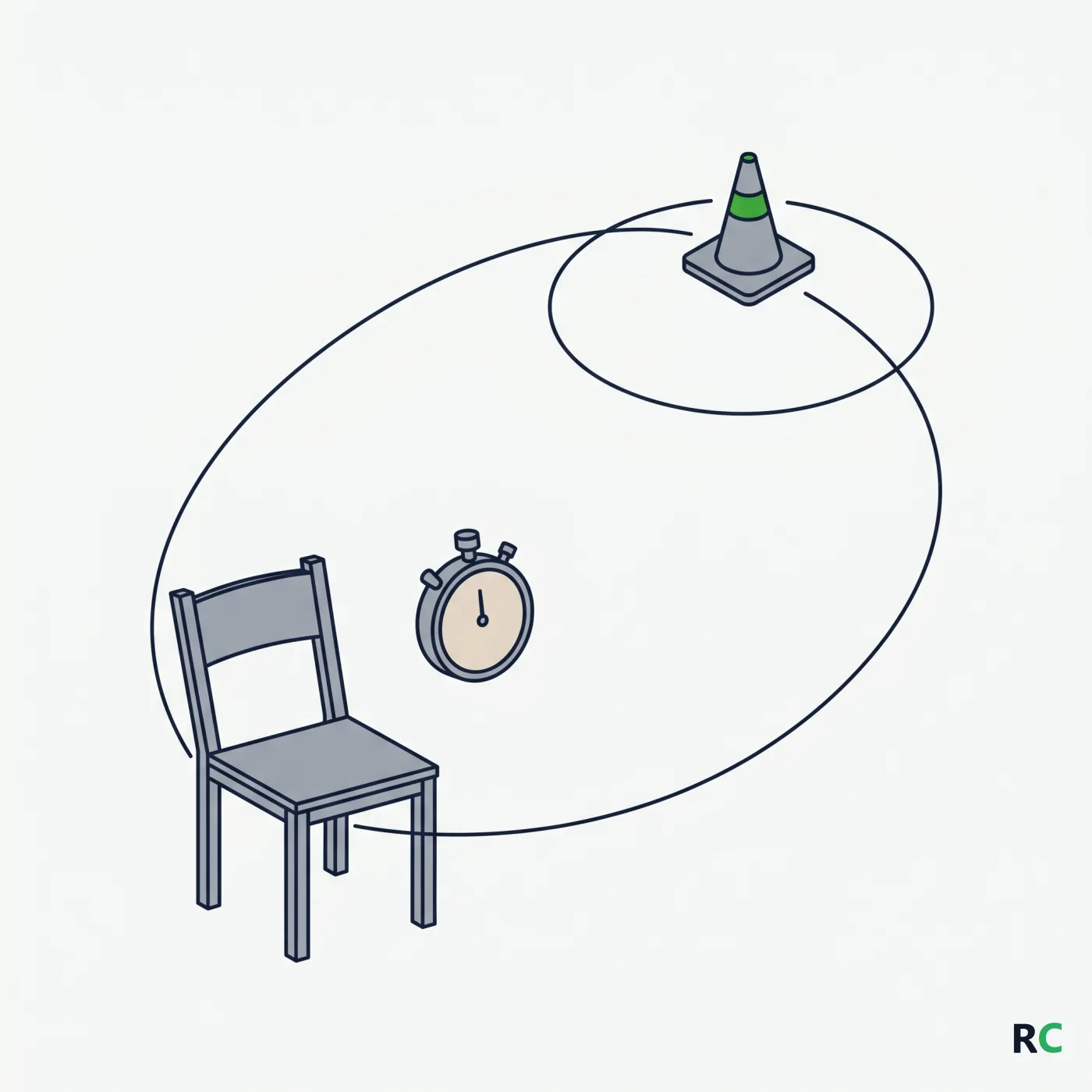 Ilustração de cadeira, cone e cronômetro ligados por uma linha de percurso