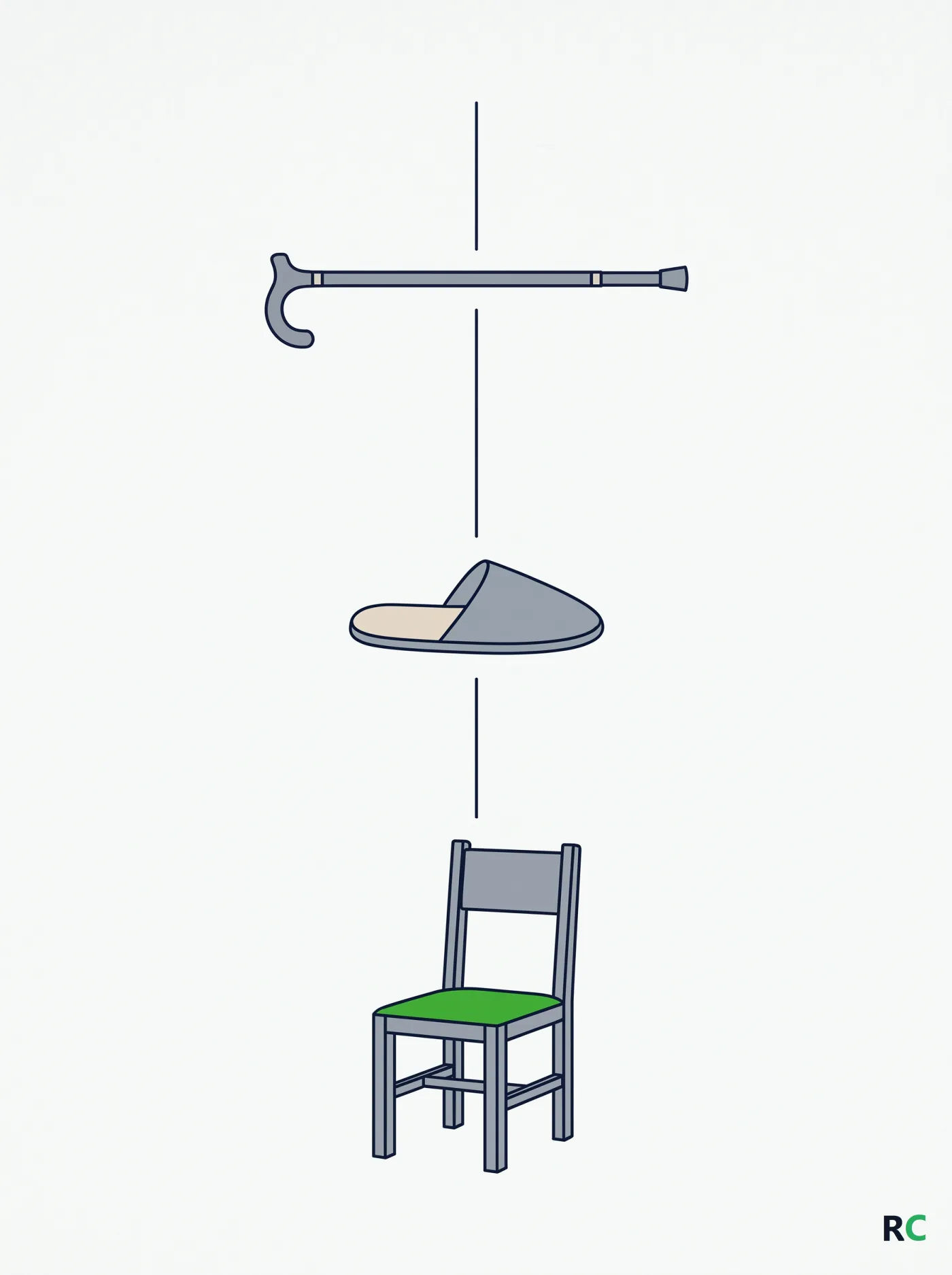 Ilustração vertical de três objetos do dia a dia ligados por uma linha
