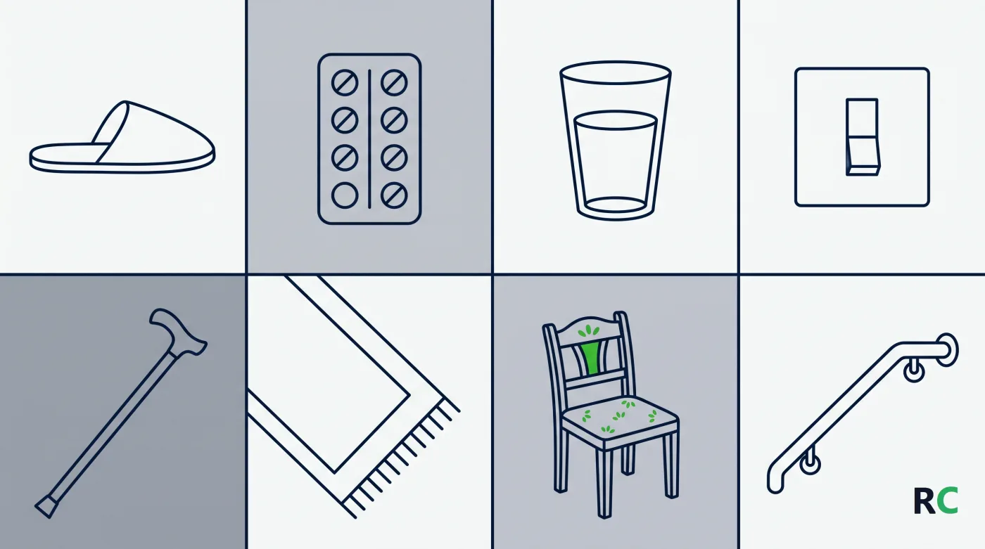 Ilustração de oito quadrados de uma grade, cada um com um objeto da casa