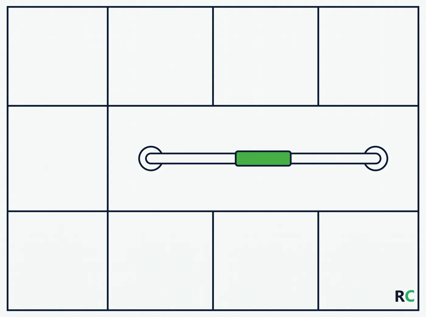 Ilustração de uma grade em que três células se juntam em uma faixa contínua com uma barra de apoio
