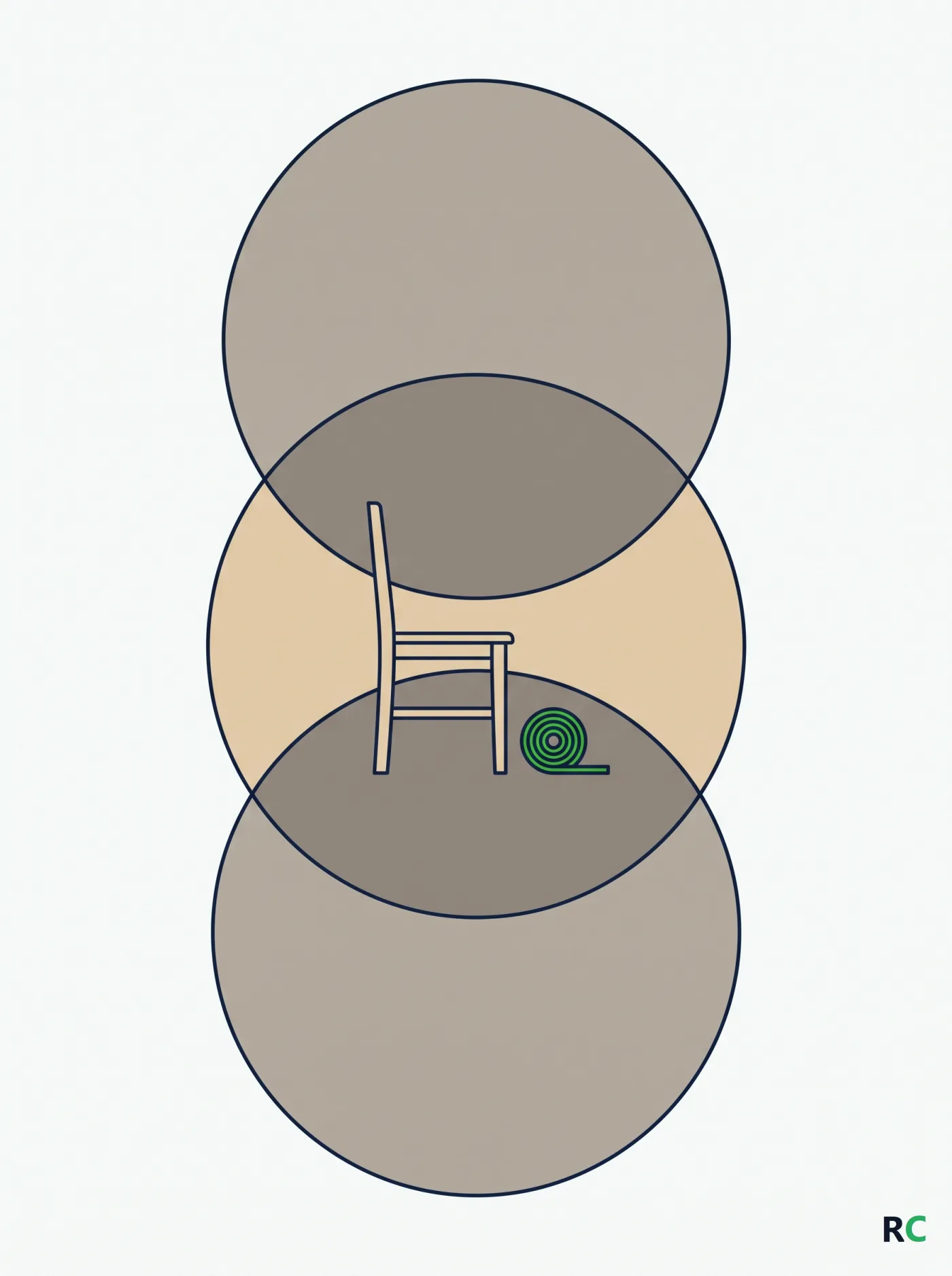 Ilustração vertical de cadeira e faixa elástica sobre círculos sobrepostos