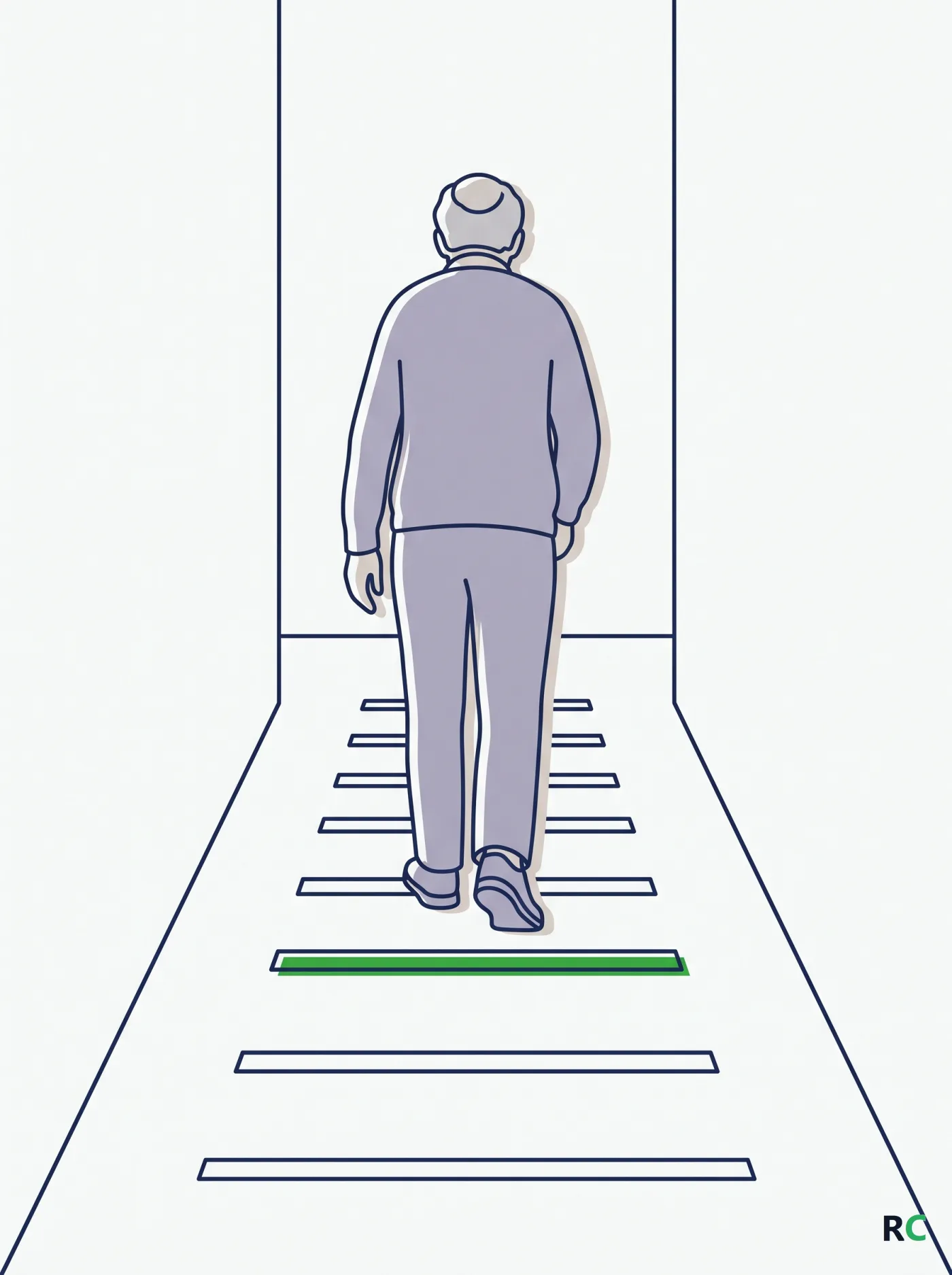 Ilustração vertical de idoso caminhando sobre marcas paralelas no chão