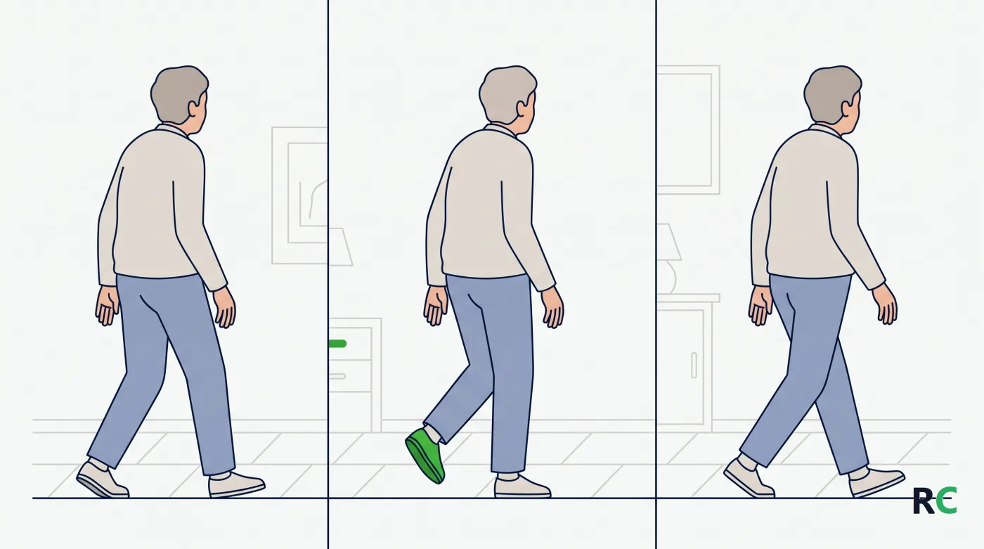 Ilustração em três painéis mostrando as fases de um passo