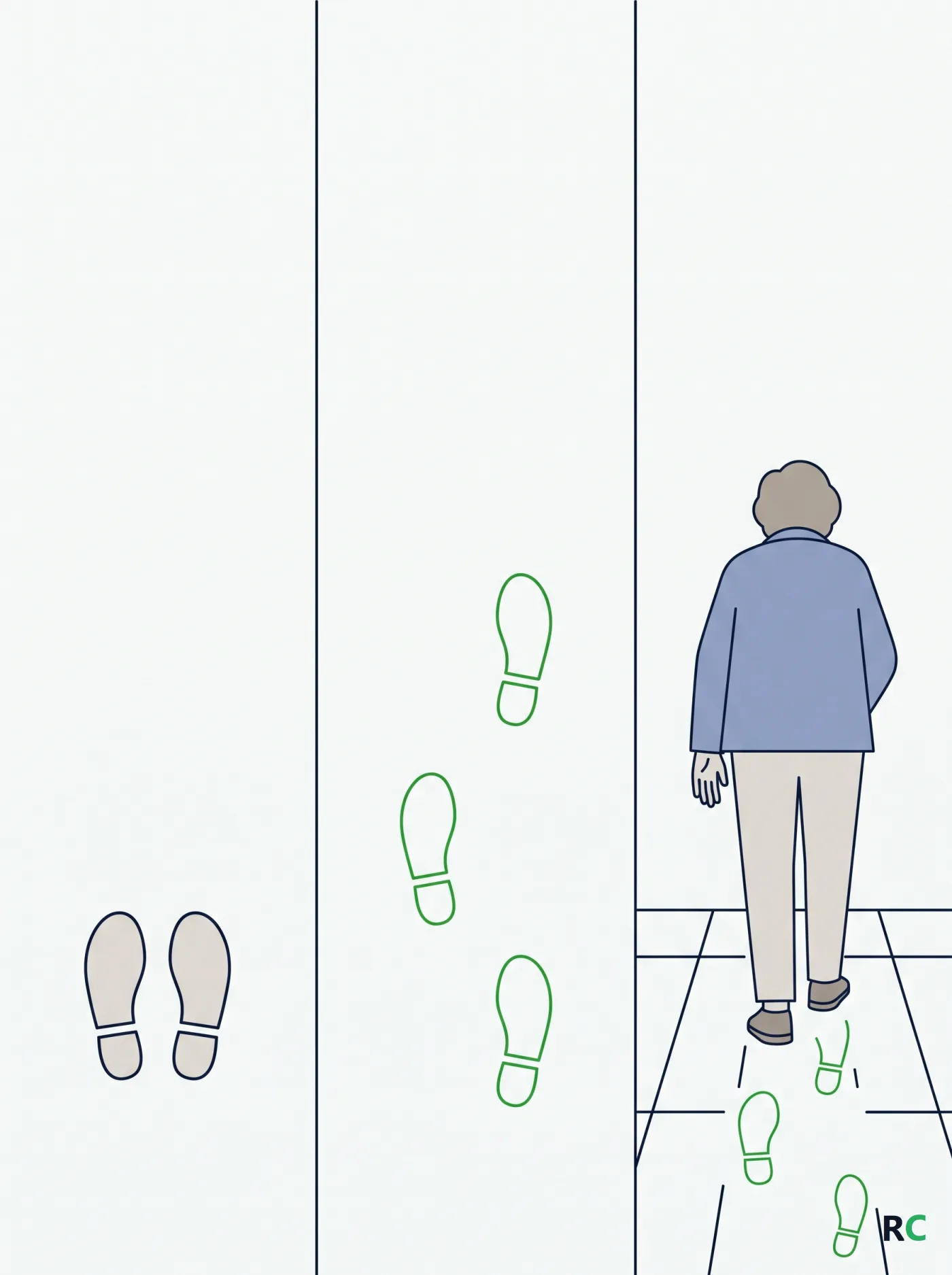 Ilustração de treino de marcha com marcas de passo no chão do corredor