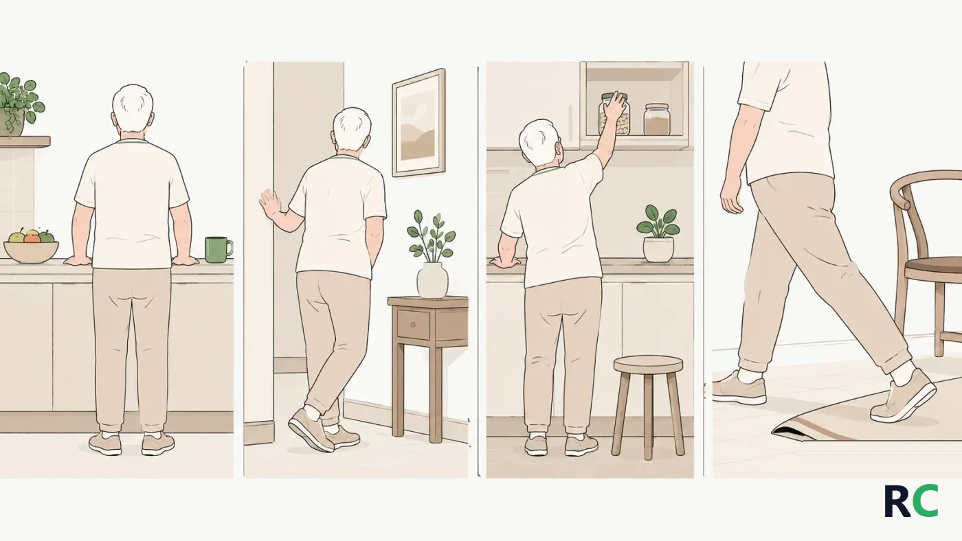 Ilustração com quatro cenas domésticas lado a lado: pessoa parada de costas na cozinha, pessoa virando o corpo no corredor, mão alcançando um pote em prateleira alta e pé dando um passo largo à frente