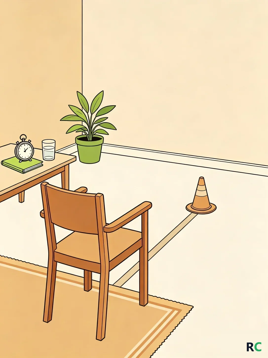 Ilustração vertical de cadeira de encosto reto ao lado de um cone marcando três metros no chão, com cronômetro pousado sobre a mesa