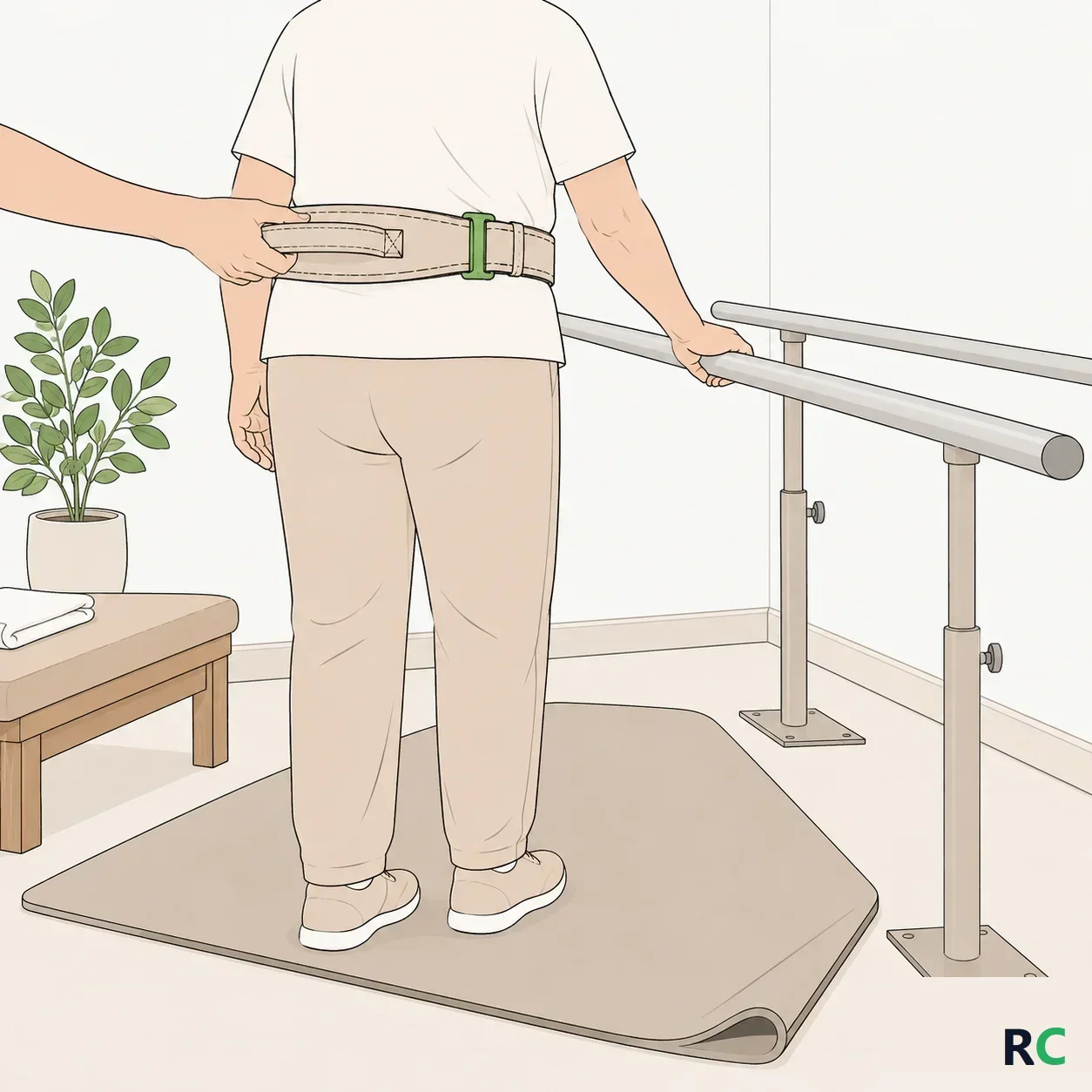 Ilustração de cinto de marcha preso à cintura de uma pessoa de costas, com barras paralelas ao lado e tapete de apoio no chão