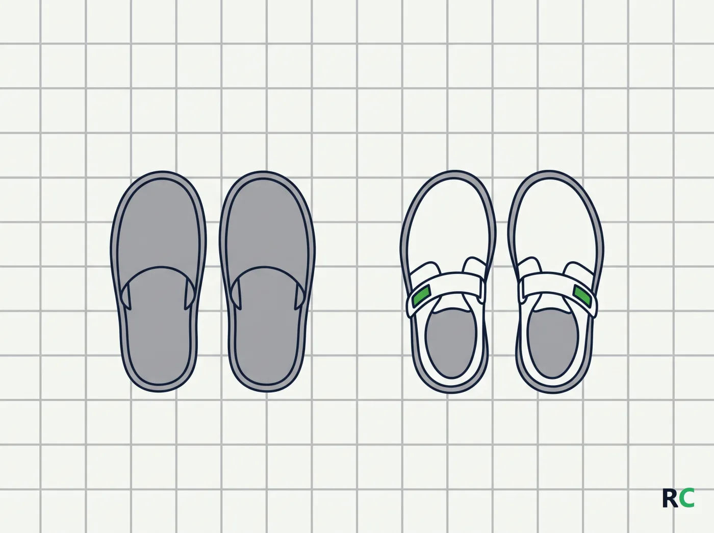 Ilustração vista de cima comparando chinelo aberto e sapato fechado com solado firme