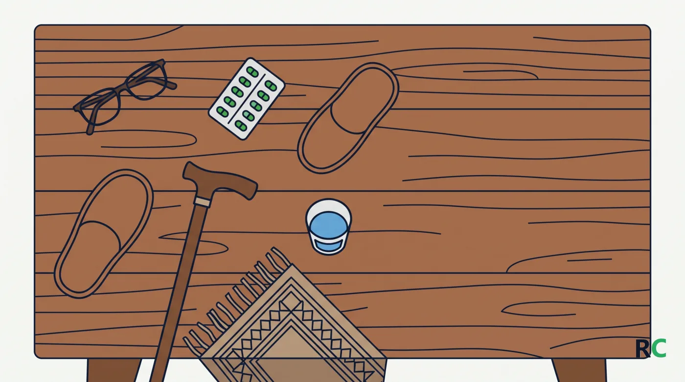 Ilustração vista de cima com objetos que representam fatores de risco de queda