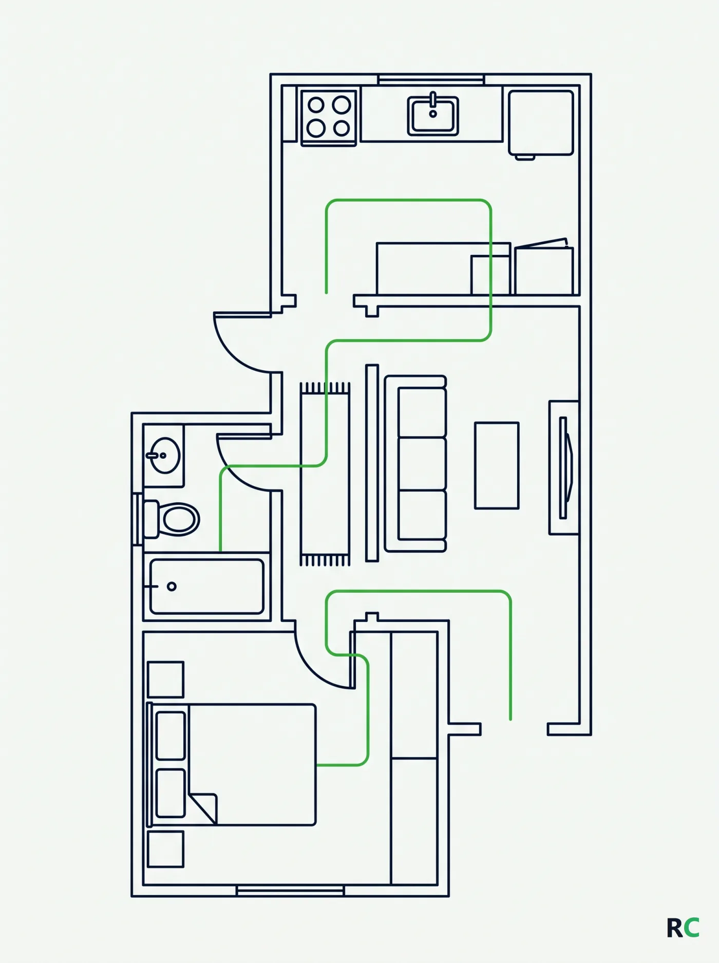 Ilustração da planta de uma casa vista de cima com o trajeto do idoso marcado