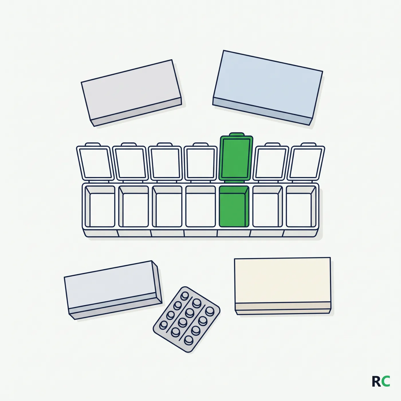 Ilustração vista de cima de caixas de remédio e organizador semanal sobre a mesa