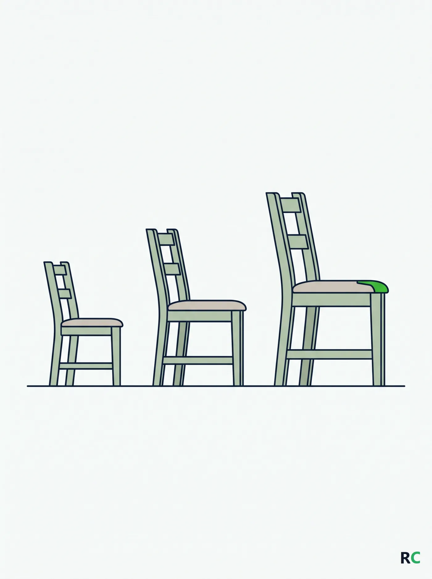 Ilustração de três cadeiras de tamanhos crescentes sobre uma linha