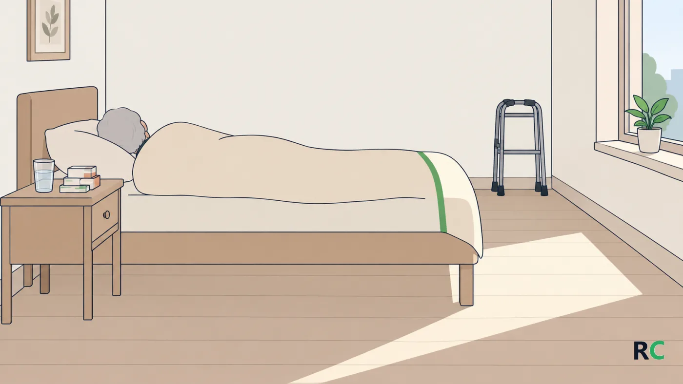 Ilustração de quarto visto de lado, com a cama ocupada e a cabeceira à esquerda, o andador encostado na parede longe do alcance e a luz da janela marcando a passagem do dia