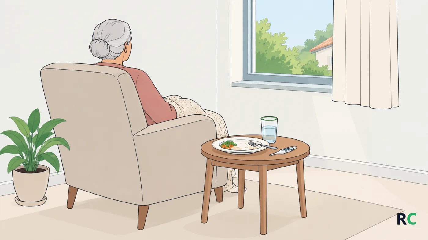 Ilustração de senhora idosa encolhida na poltrona da sala, vista de costas, com um termômetro sobre a mesa lateral ao lado de um copo de água pela metade e do prato do almoço quase intacto