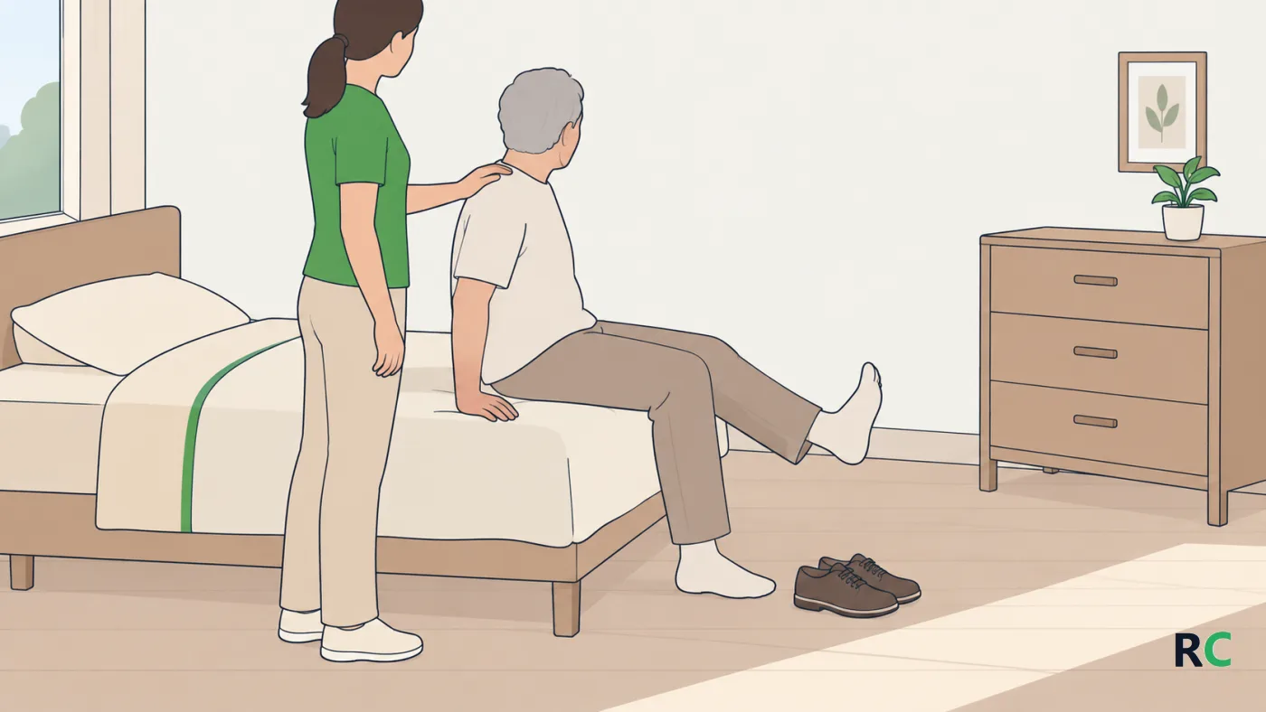 Ilustração de idoso sentado na beira da cama com um pé no chão, visto de perfil com a cabeça virada para longe, esticando a outra perna à frente enquanto a filha apoia a mão em seu ombro