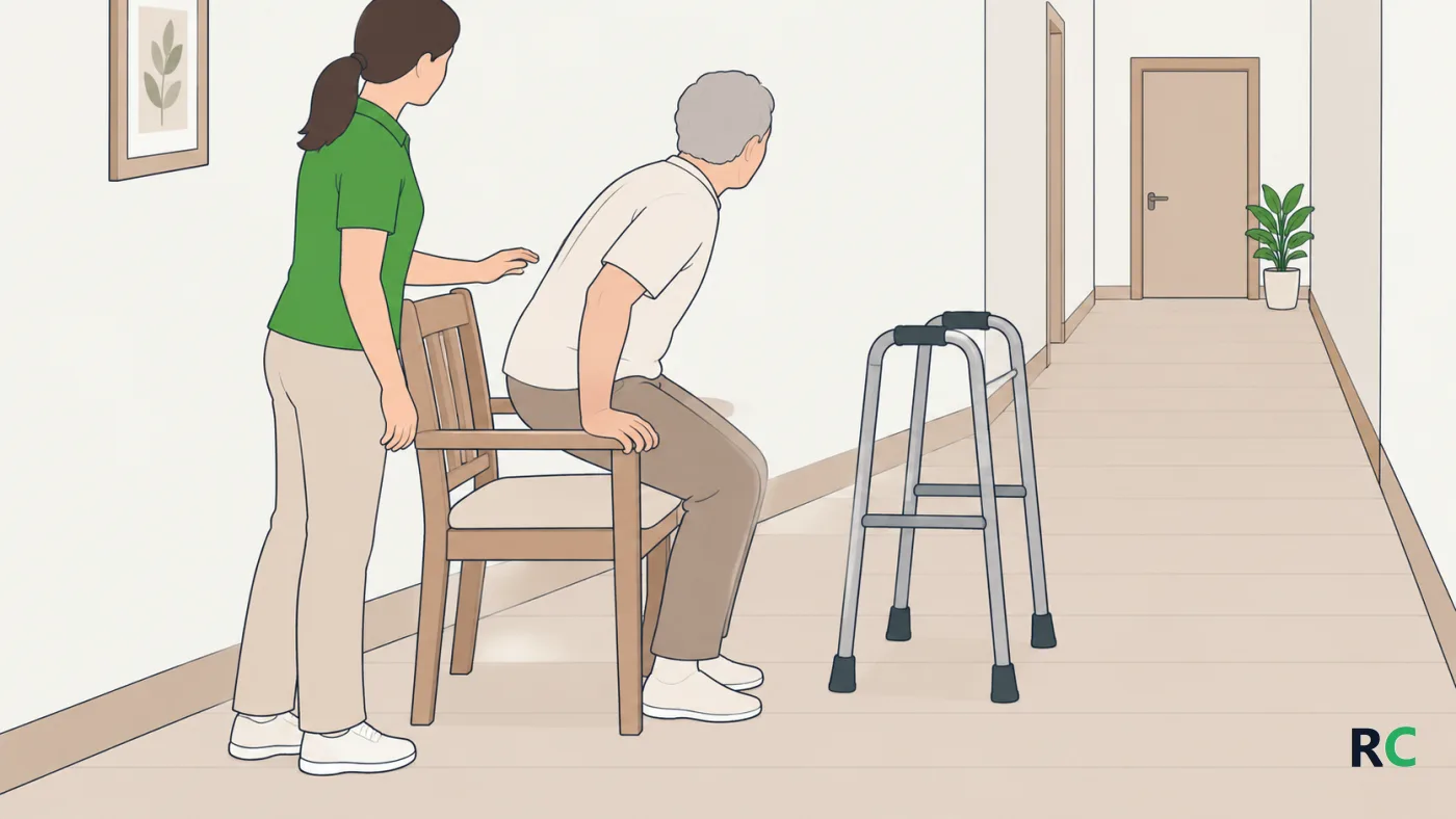 Ilustração de fisioterapeuta de perfil ao lado de idoso que se levanta de uma cadeira apoiando as mãos na beira do assento, no corredor de casa, com o andador posicionado à frente