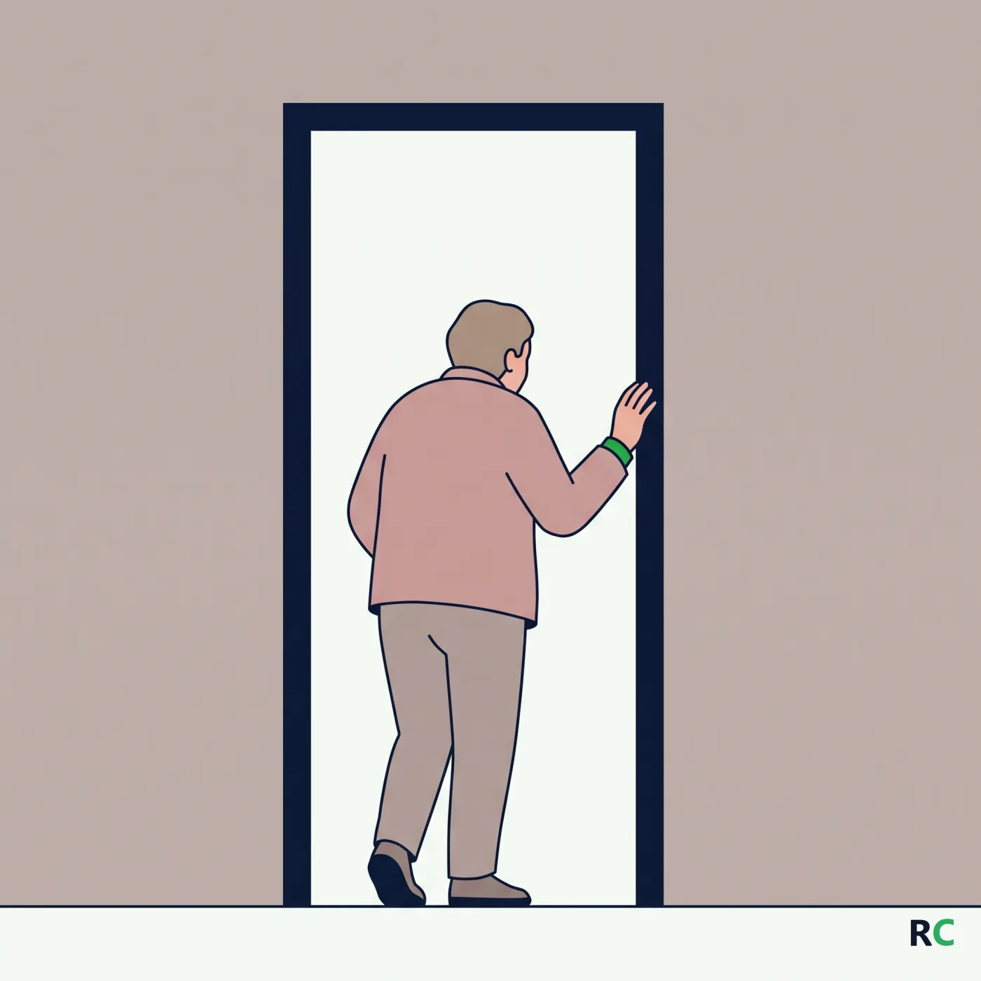 Ilustração de idoso atravessando o vão da porta com a mão apoiada no batente