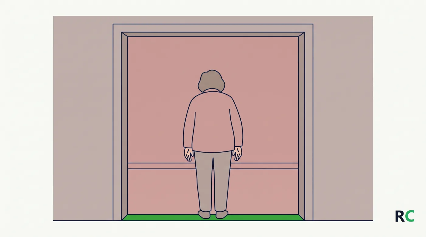 Ilustração de idoso parado diante do vão de uma porta, visto de costas
