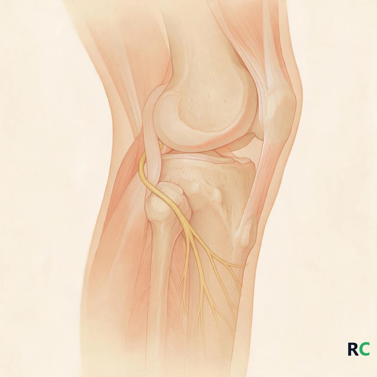Ilustração anatômica da lateral do joelho mostrando o nervo fibular contornando o osso saliente logo abaixo da articulação, sem camada muscular de proteção