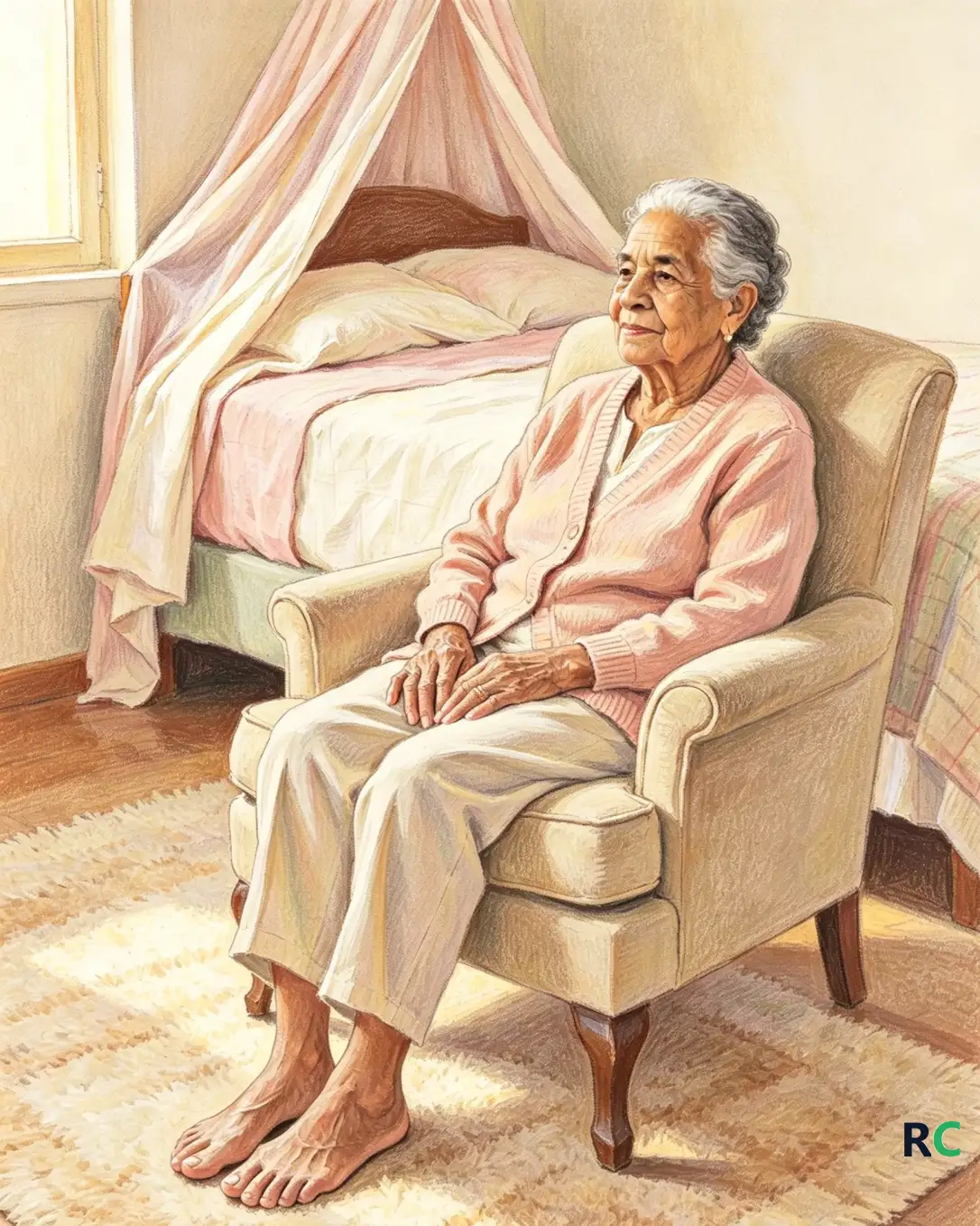 Ilustração de senhora idosa sentada na poltrona do quarto, descalça, com os dois pés apoiados inteiros no chão e a cama ao fundo