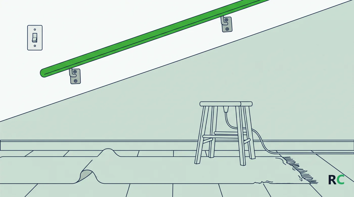 Ilustração de um corredor com tapete solto e um corrimão