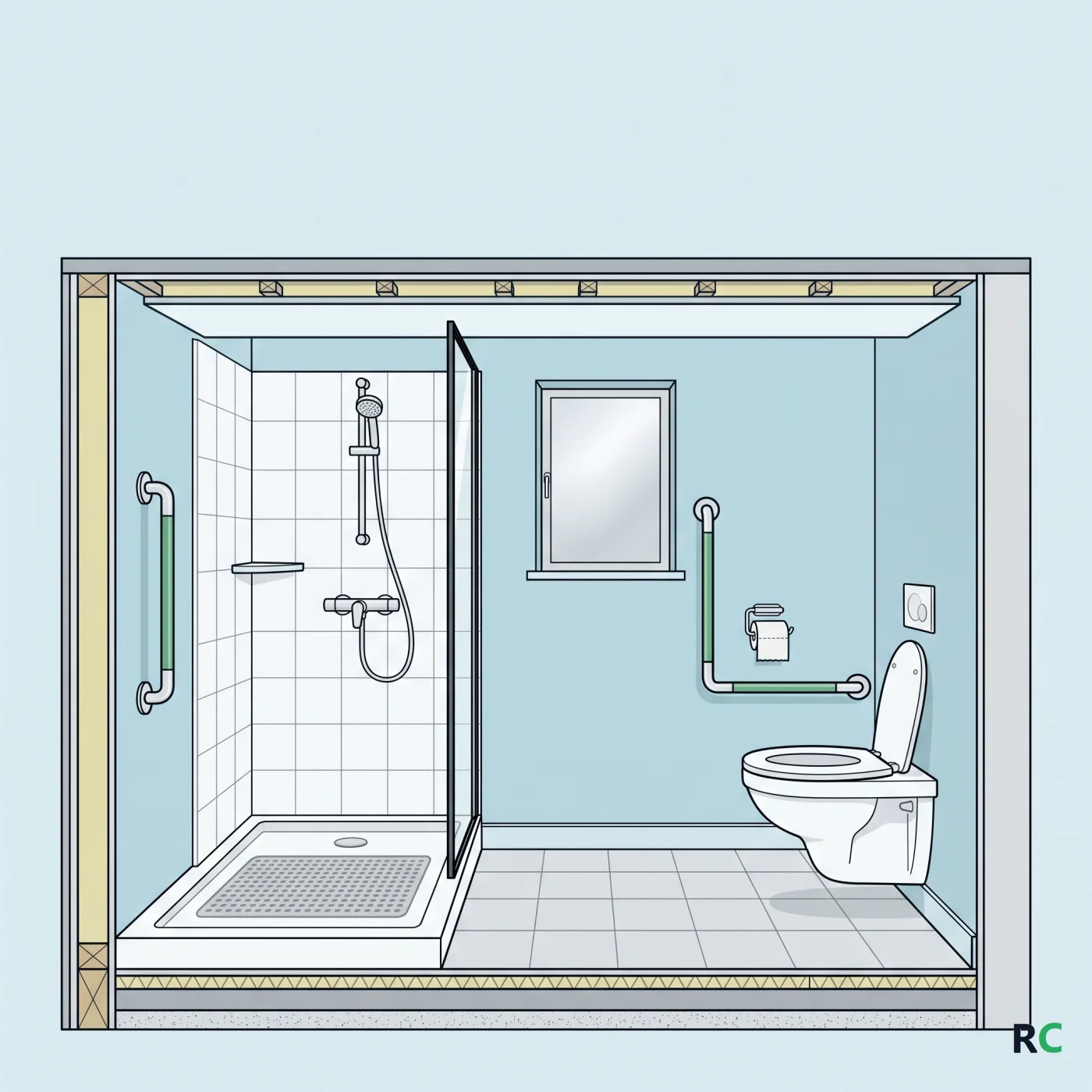 Ilustração de banheiro em corte com barra de apoio instalada ao lado do box