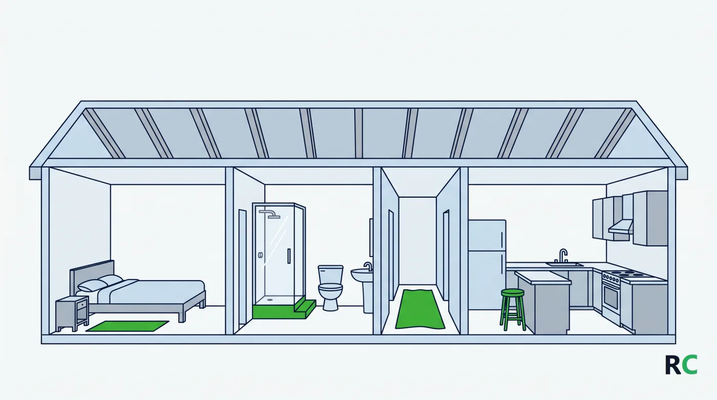 Ilustração de corte de uma casa mostrando os cômodos onde as quedas acontecem